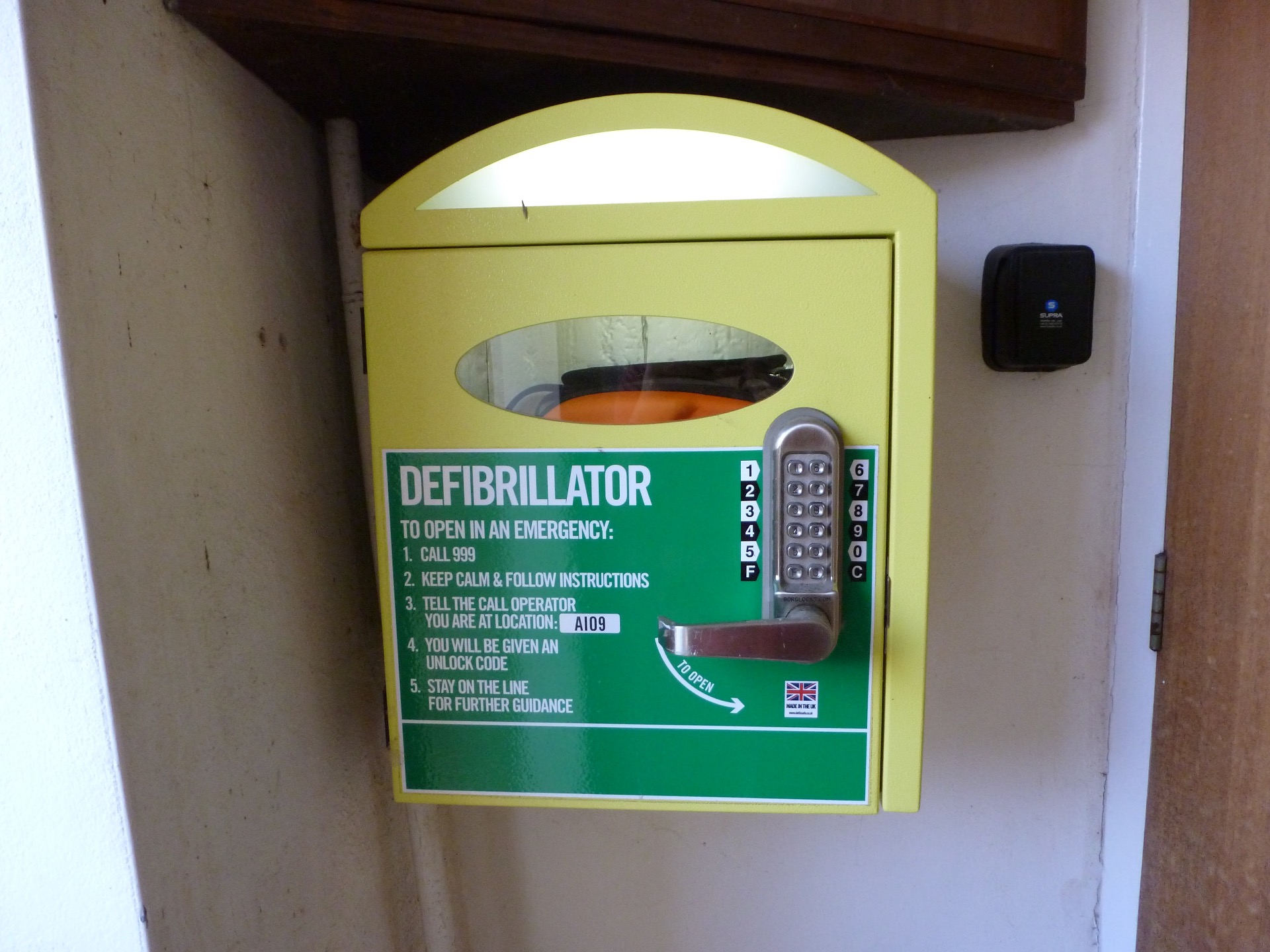 Defibrillator located in the entrance to The Institute